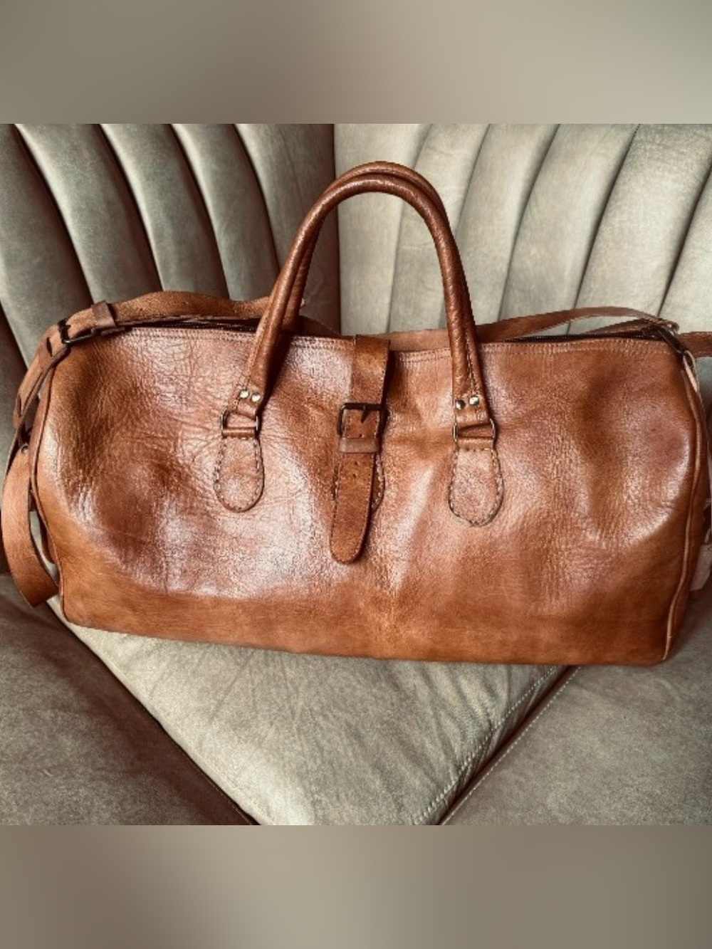 Handcrafted Moroccan Leather Duffel Bag w Strap 24x15x11 Large Carry Cognac